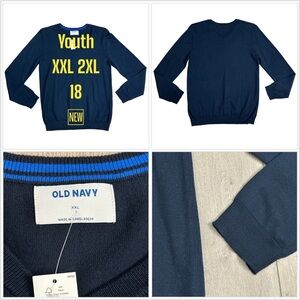 Youth Boys Old Navy XXL 2XL 18 Sweater Navy Blue Long Sleeve V-Neck Casual NWT